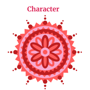 A red mandala, with the title "Character".